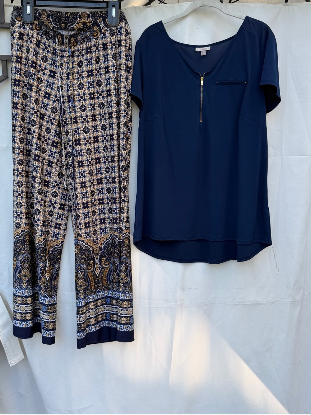 Bay Studio Navy Zip-Neck Blouse & Patterned Navy Palazzo Pants Set
